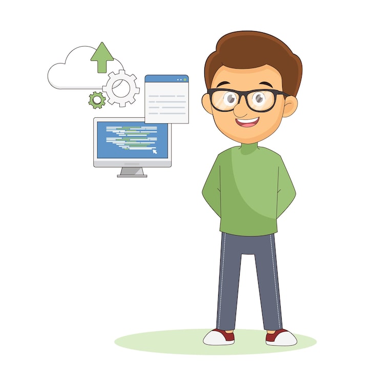 Vector man programmer is working with laptop code. programmer coding.