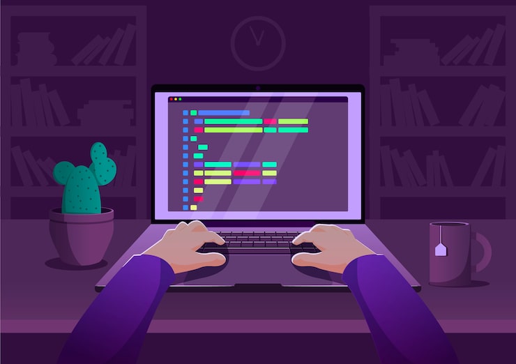 Vector man programmer working on computer with code on screen illustration. programmer working writing code.