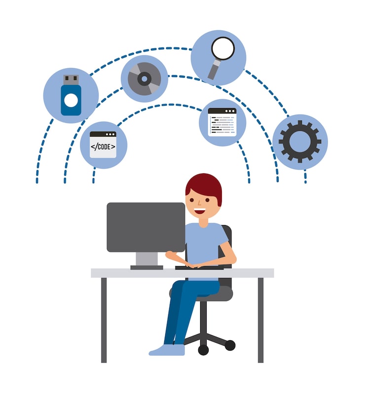 Вектор человек-программист, работающий над его компьютерным кодированием и программированием