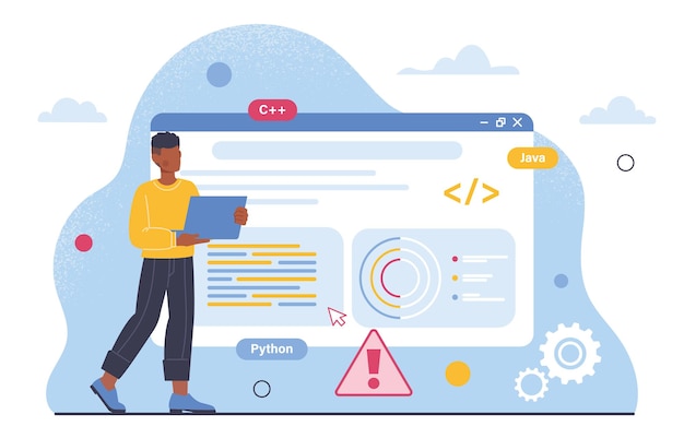 man programming software concept programmer and it specialist writes code for website page developer of programs and mobile applications update of os cartoon flat vector illustration