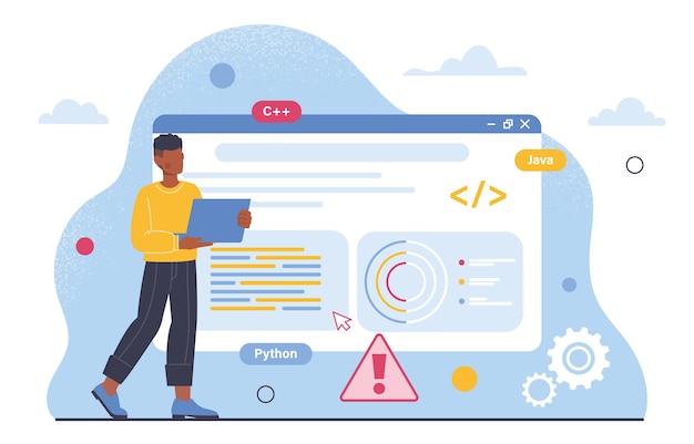 인간 프로그래밍 소프트웨어 개념 프로그래머 및 IT 전문가는 웹 사이트 페이지에 대한 코드를 작성합니다. 프로그램 및 모바일 응용 프로그램 개발자 OS Cartoon 플랫 벡터 그림 업데이트