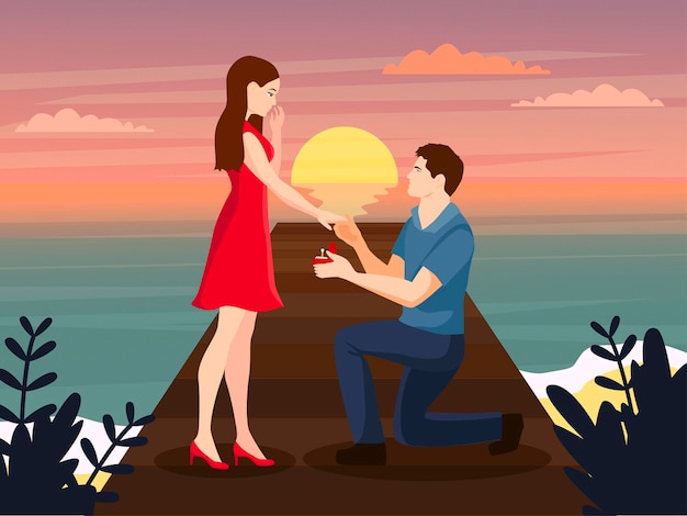 A man proposes to a girl to marry him on the pier during a beautiful sunset. Love and relationship.