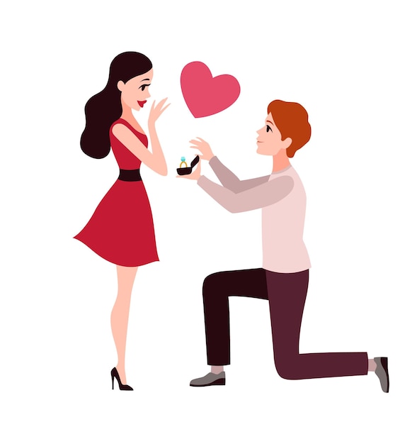 Man proposes woman to marry him. Love engagement, lover stand on knee and asking woman merry him, gives gold ring with diamond, cute young romantic couple flat vector cartoon isolated illustration