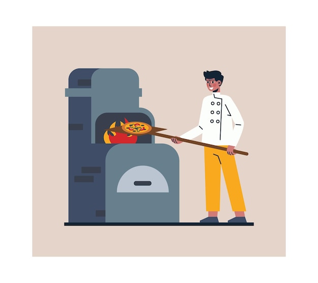 Vector man in protective clothes standing near oven and stacks pizza to bake