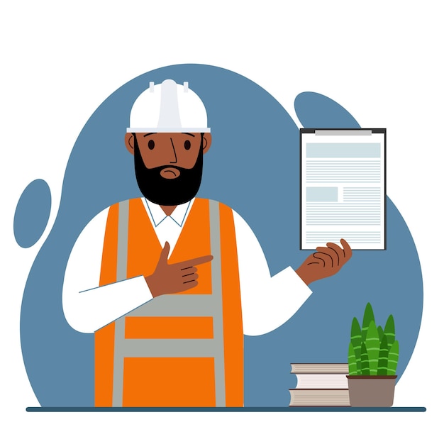a man in a protective helmet and vest holds a clipboard with a document technical quality control