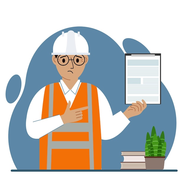 a man in a protective helmet and vest holds a clipboard with a document technical quality control
