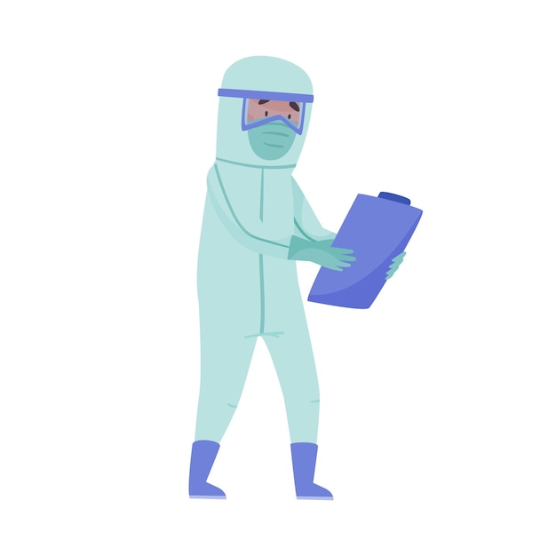 Vector man in protective suit and mask carrying clip board with blood test result vector illustration