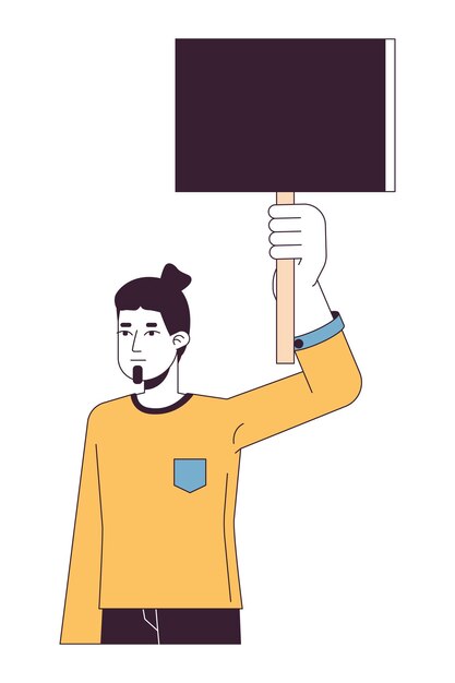 Vector man protesteert vlakke lijn kleur vector karakter kaukasische demonstrant met banner bewerkbaar omtrek half lichaam persoon op wit eenvoudige cartoon spot illustratie voor web grafisch ontwerp