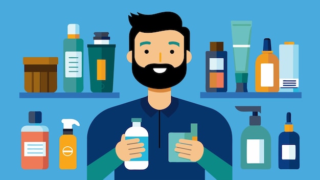 Vector a man proudly displays his extensive collection of grooming products from beard oils to hair styling