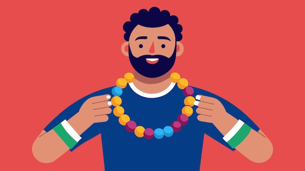 Vector a man proudly showcasing a handmade beaded bracelet featuring bold and masculine colors and patterns