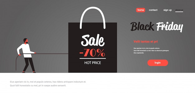 Vector man pulling shopping bag with big sale sign black friday special offer super sale holiday promotion discount