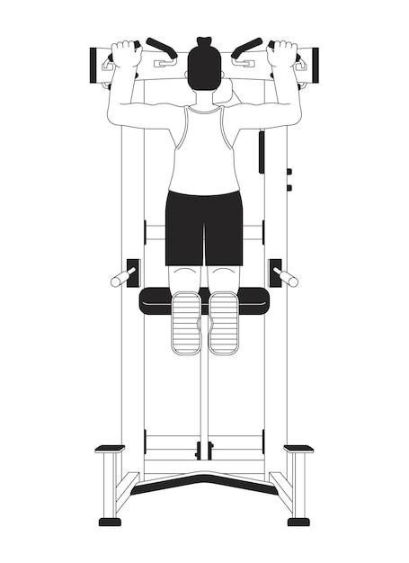 Pullup 기계에 끌어 올리는 남자 평평한 선 검은  ⁇   ⁇ 터 캐릭터 편집 가능한 전체 몸 윤 ⁇  사람 몸무게 운동 스포츠맨 간단한 만화 고립된 스 ⁇  웹 디자인에 대한 일러스트레이션