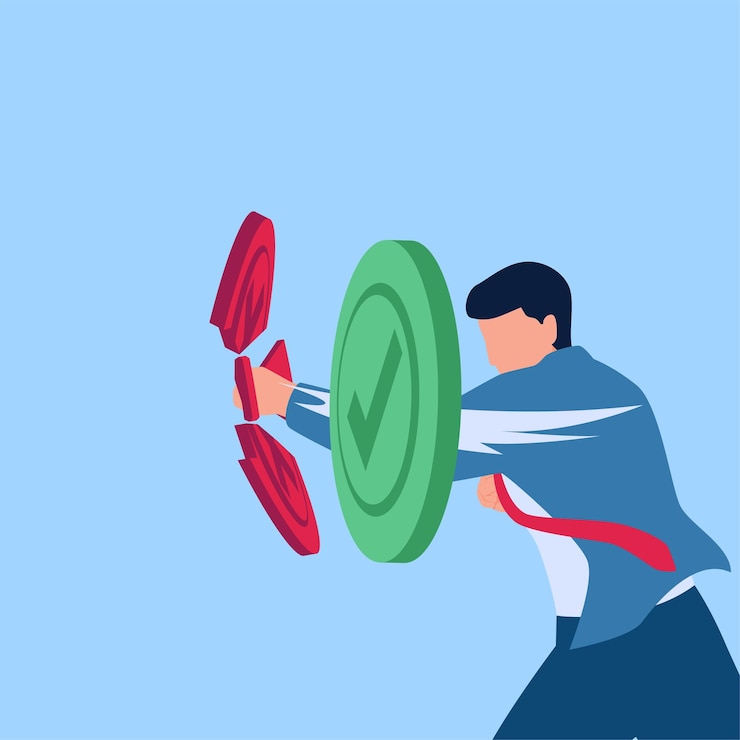 Vector man punches until crushed red button which means refuse illustration for making a decision