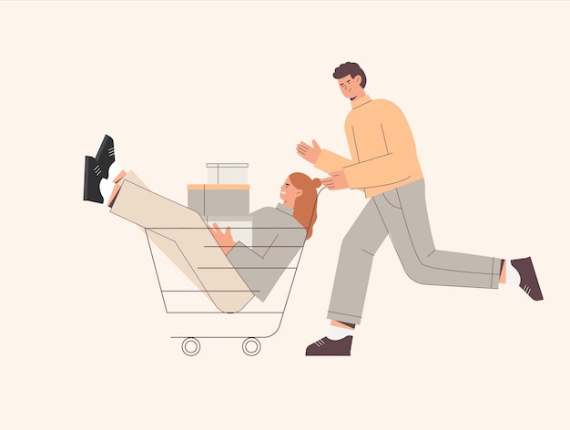 Man push shopping cart with woman holding boxes or presents packages with purchases