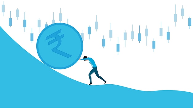 Man pushing INR coin upwards market crisis character vector