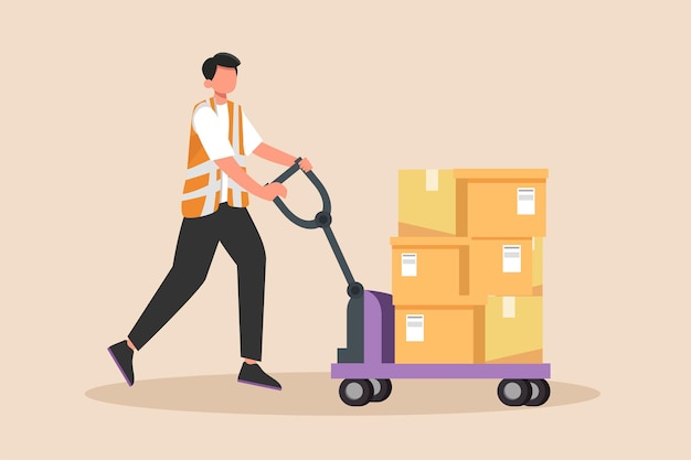 Man pushing packages with hand pallet warehouse worker with hand forklift truck Shipment and logistic concept Colored flat vector illustration