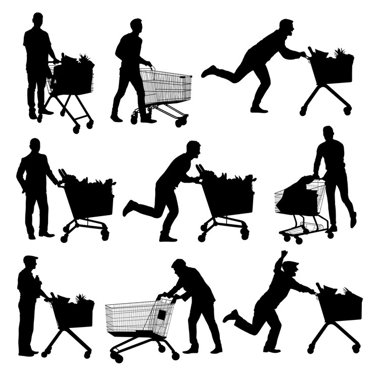 man pushing shopping cart silhouette