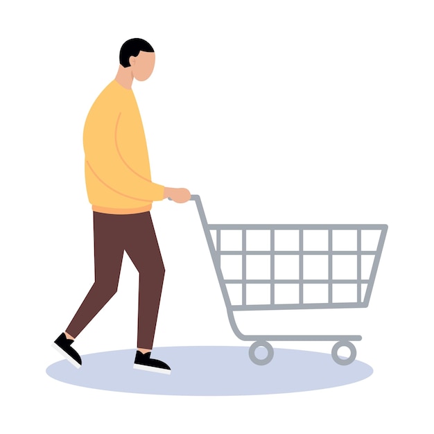 Man pushing a shopping cart. Vector iilustration of man with a shopping cart.
