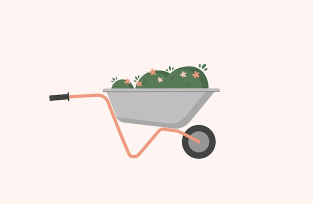 A man pushing a wheelbarrow with a plant in it.