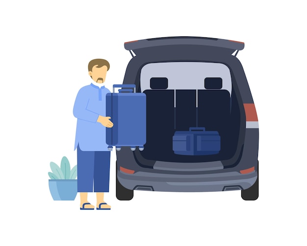 A man put the suitcase in the car before going on trip illustration