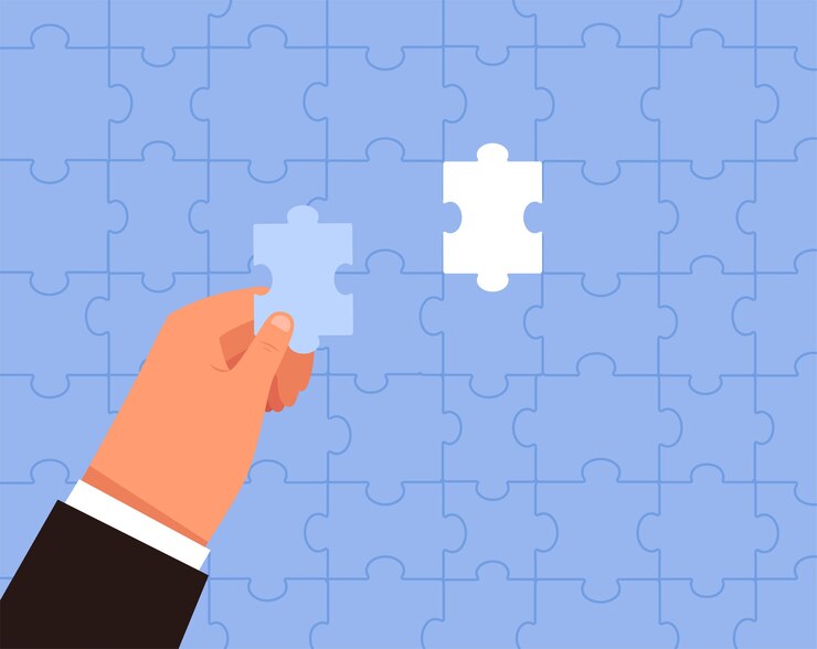Vector the man puts the last detail in the puzzle. business concept of success and completion of business. cartoon flat . isolated on a white background.
