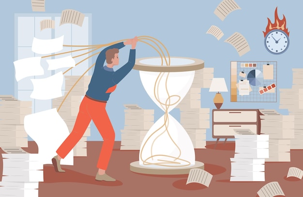 Vector man puts work projects in hourglass vector flat illustration time