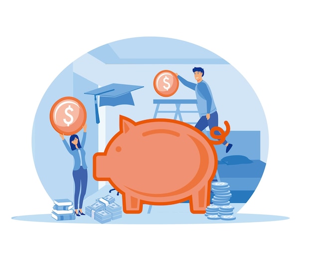 Vector man putting coin in piggy bank saving money for education school fund investment concept for banner flat vector modern illustration