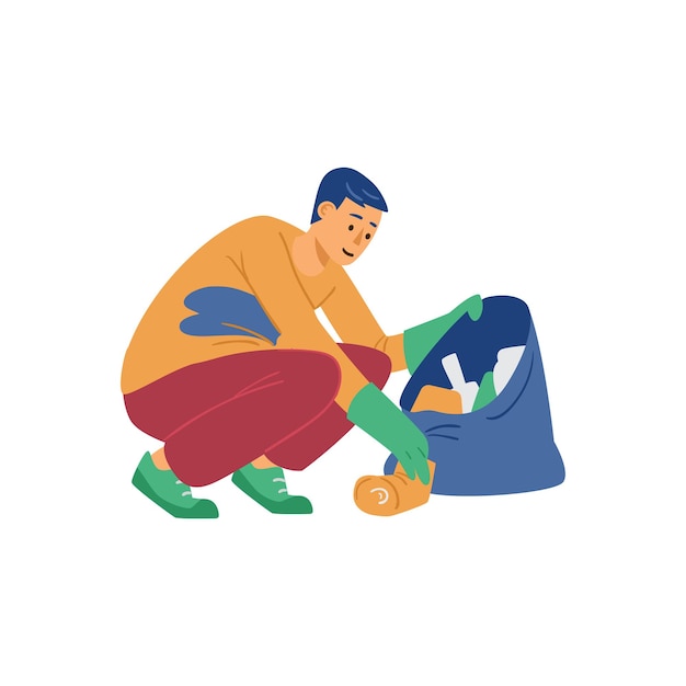 Man putting garbage into plastic litter bag flat vector illustration isolated