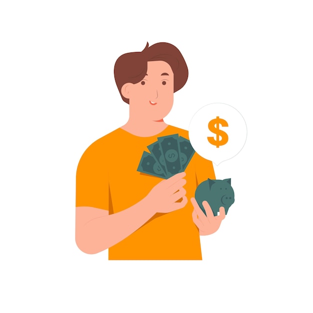 Vector man putting money into piggy bank financial investment money saving concept illustration