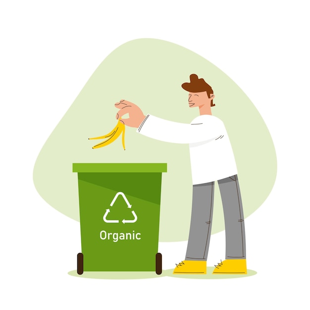 Vector man putting organic trash into recycling bin sorting bio garbage sustainable lifestyle