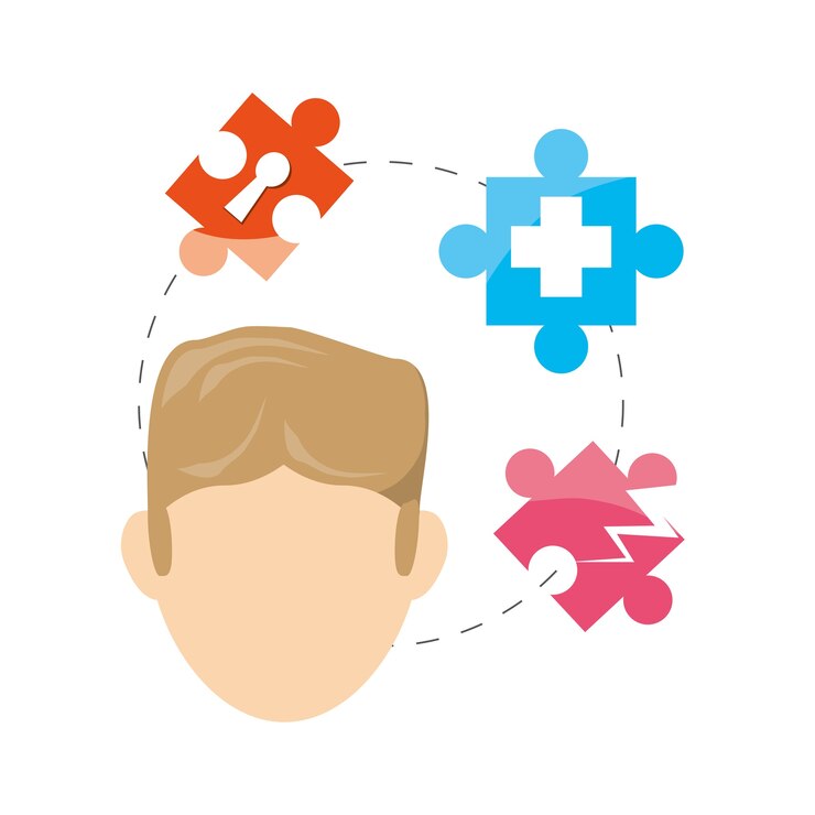 Vector man and puzzle around and symbols inside