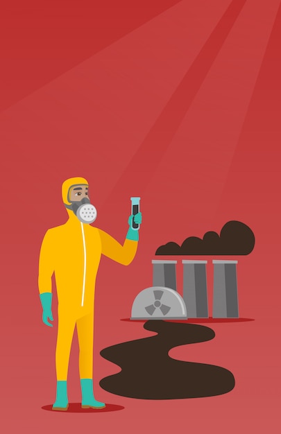 man in radiation protective suit with test tube.