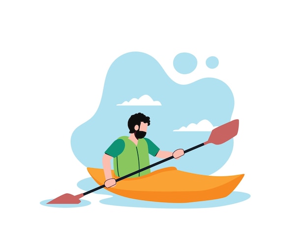 カヌーで水面を漂う男 カートゥーン男がボートに座ってパドルを握っているイラスト