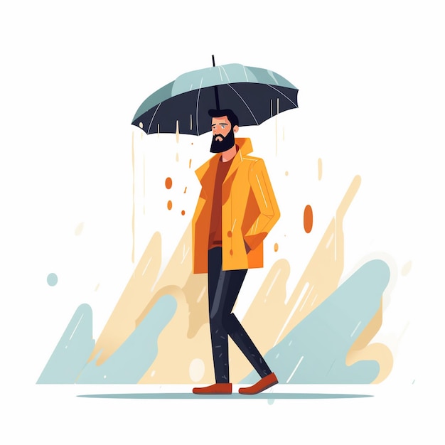 man rain vector illustration character cartoon rainy person weather umbrella street flat
