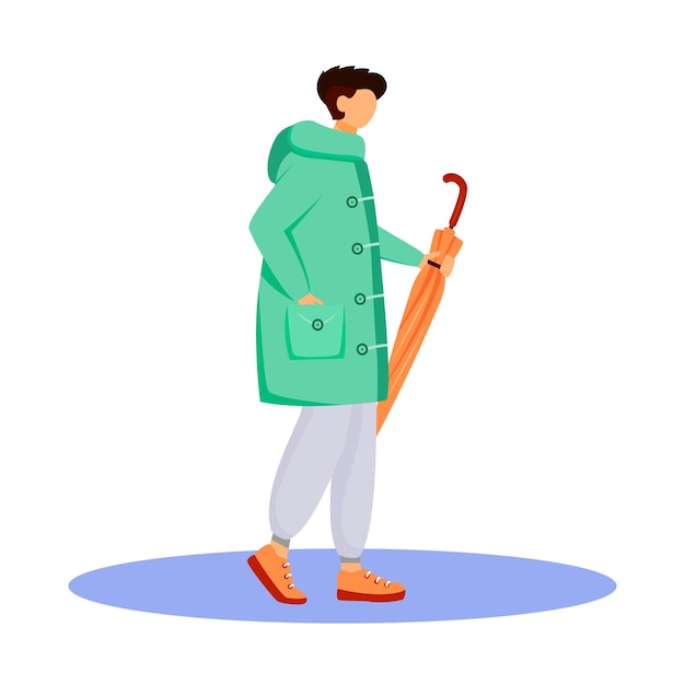 Vector man in raincoat flat color faceless character. walking caucasian guy. wet weather. autumn rainy day. male with umbrella in hand isolated cartoon illustration on white background