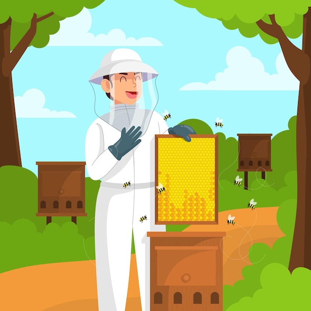 Vector man raising honey bee