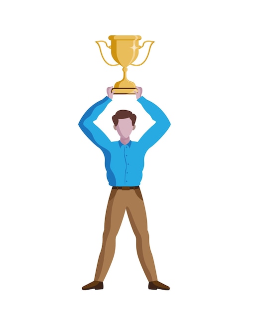 man raising trophy over head as a winner isolated