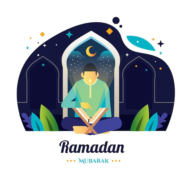 Un uomo nella notte del ramadan leggi un sacro corano