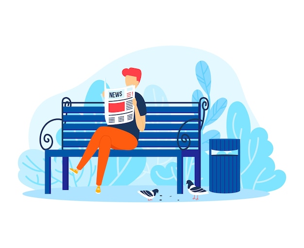 Man read newspaper in park, male person relax illustration. guy character at bench, adult lifestyle outdoor background. people sit with cartoon information, happy graphic human at nature.