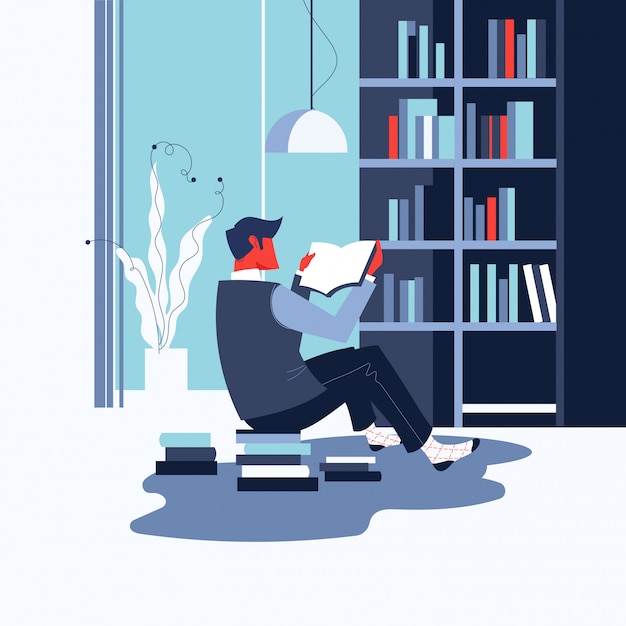 Man Reading Book or Bookworm at Home for World Book Day Concept