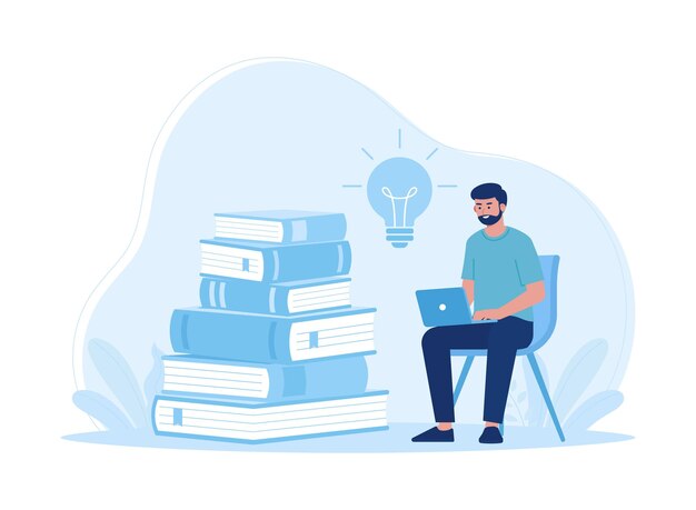 A man reading a book and browsing trending concept flat illustration