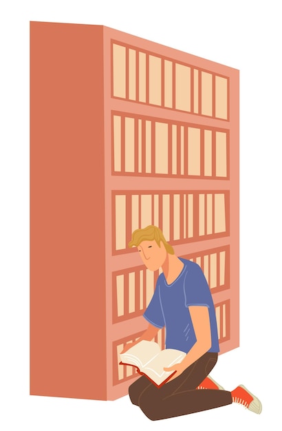 Uomo che legge un libro in biblioteca, studente in libreria