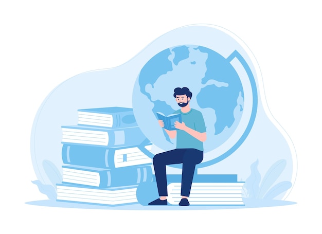 Un uomo che legge un libro nel mondo dell'istruzione globale trending concept flat illustration