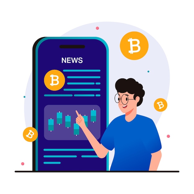 Vector man reading cryptocurrency news from smartphone