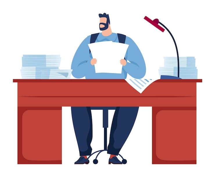 Vector man reading documents office desk stacked papers office worker reviewing files