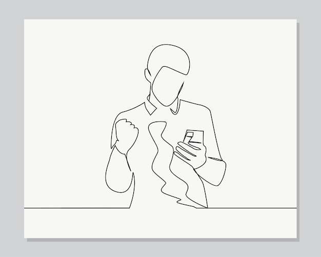 Uomo che legge una buona notizia sullo smartphone continua illustrazione a una linea