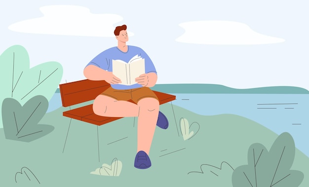 Uomo che legge sulla riva del lago giovane maschio che si riposa in natura in un parco o in un villaggio tipo vettoriale di cartoni animati piatto con un libro su una panchina rilassamento e vacanza all'aperto illustrazione all'aperto e natura