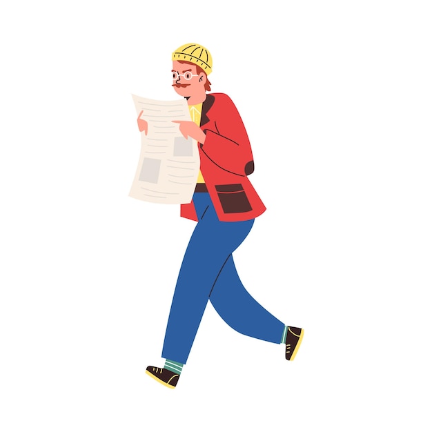 Man reading a newspaper on the run flat cartoon vector illustration isolated