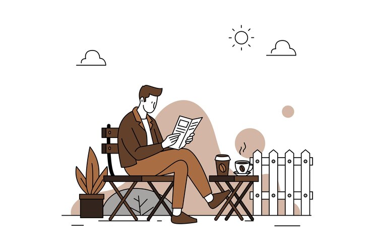 Man reading newspaper while drinking coffee