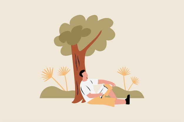 Man Reading Under Tree Vector Illustration